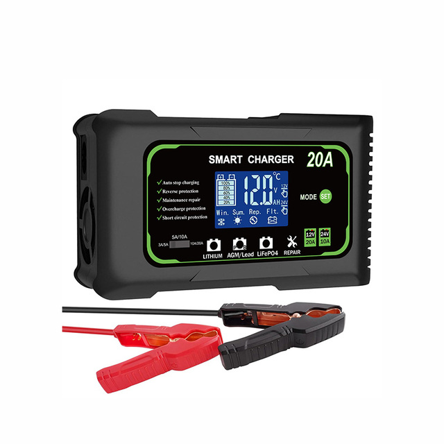 SUYEEGO 20A 12/24V Auto 20A Smart Battery Charger LCD Display for Car Motorcycle Lead Acid AGM Lithium LiFePo4 Batteries Charger