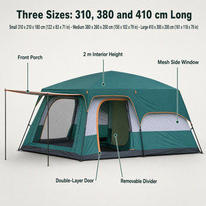 Grande tente de camping familiale pour 4 à 12 personnes, imperméable, avec 2 chambres et un salon, pour le camping en plein air, la plage, les pique-niques et la randonnée - Product Image 3