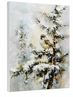 Tableau mural Impressionniste « Oiseau d'hiver sur branche de pin enneigée » sur toile encadrée, Décoration rustique naturelle pour maison de vacances