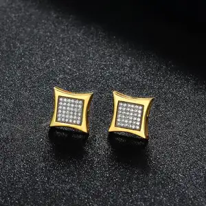 2024 đồ trang sức thời trang hiện đại Thiết kế độc đáo 18K mạ vàng hình vuông Zircon bông tai kim cương