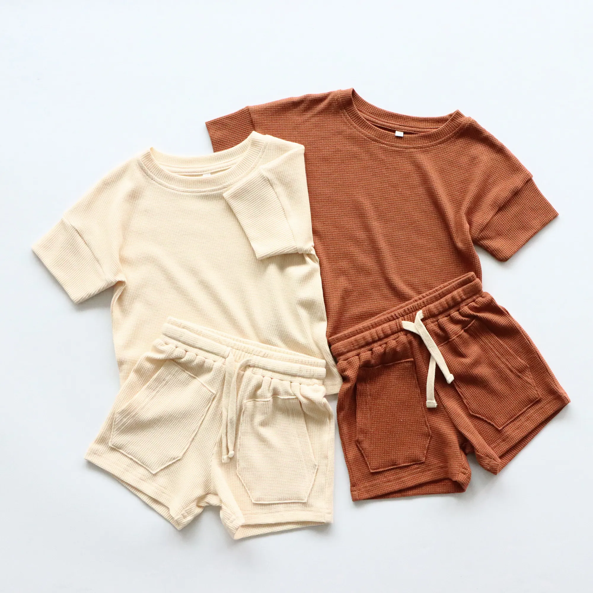 customized Organic Cotton Waffle Knit Baby Clothes Set Baby Long Sleeve Set Fashion Button Waffle children clothes set