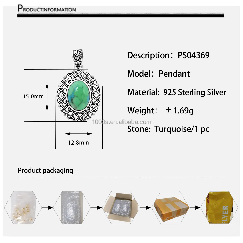 ターコイズS925シルバーアンティークシルバーチャーム女性用ジェムストーンペンダント付き卸売男性ギフトファッションジュエリー