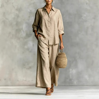 Ensemble 2 pièces décontracté femme printemps/été, haut et pantalon longs en coton-lin, sans repassage, couleur unie