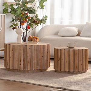 Set di 2 tavolini da caffè rotondi ad incastro in legno di noce, tavolini d'appoggio con corpo a doghe verticali, stile rustico da fattoria - Product Image 3