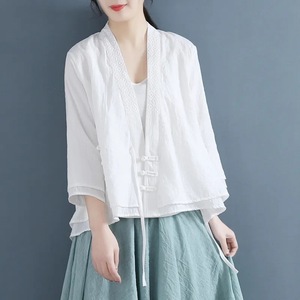 Traditional Chinese Women's Loose Fit Cotton Blouse Three-Quarter Sleeve Pink Embroidery Top - Product Image 2