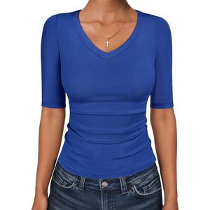 Camiseta de punto acanalado con cuello en V y manga corta para mujer, top básico informal de verano - Product Image 1