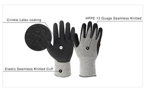 卸売 13ゲージ 耐切創レベル5グローブ しわ加工ラテックスコーティング 耐切創手袋 ガラス産業 建設用 - Product Image 2