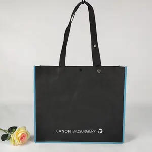 Custom Black High Quality Shopping Bag With With Metal Button To Adjust Handles Eco Friendly Shopping Bag