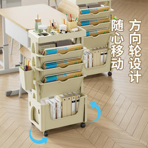 Chariot de rangement pour bureau, 5 niveaux, étagère latérale mobile en plastique pour livres et papeterie, blanc kaki - Product Image 2