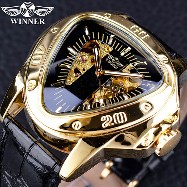 Top Brand Luxury Winner Steampunk Fashion Triangle Golden Skeleton Movement Mysterious Men Automatic Mechanical Wrist Watch