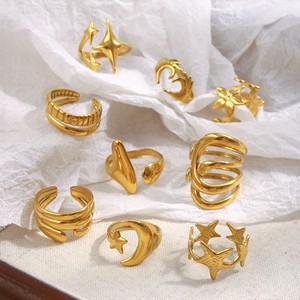 Geometrische RVS Sieradenset 18k Goud Vergulde Blad Ster Verstelbare Open Ringen voor Vrouwen - Product Image 3