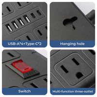 Regleta de Enchufes Estándar de EE. UU. con 10A, 4 Puertos USB-A, Tipo-C PD, 8 Tomas de Corriente, Extensión Multi-Enchufe para Hogar, Oficina, Dormitorio