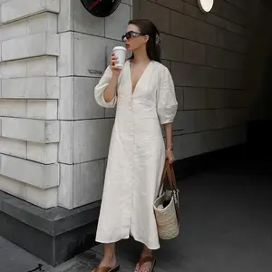 2024 Spring Summer Cotton Linen Women Dress Short Sleeve Maxi Beige Women Linen Dresses