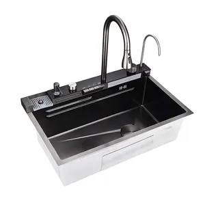 Black Grey Nano Kitchen Sink Waterfall Single Bowl Workstation Sink Multi-functional Digital Display Fly Rain Pull-Out Faucet
