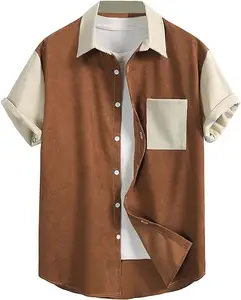 Short sleeve button down beige brown color block one pocket casual corduroy shirt for men