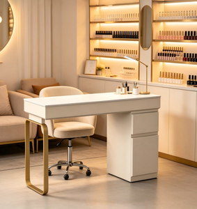 Mesa <span class=keywords><strong>de</strong></span> Manicura para Salón <span class=keywords><strong>de</strong></span> Uñas Color Blanco Crema con Cajones, Mesa <span class=keywords><strong>de</strong></span> Manicura Moderna con Patas <span class=keywords><strong>de</strong></span> Metal Dorado - Product Image 5