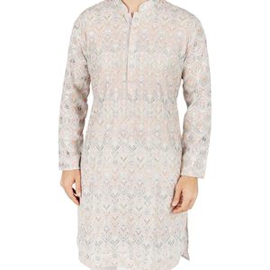 Triloki <b>Men</b> Ikkat <b>Kurta</b> Pajama Set Cotton Ethnic Indian Traditional Wear Diwali Occasion White 3XL - Product Image 4