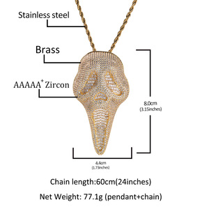 Collane con Ciondolo Teschio Urlante Spaventoso in Ottone Placcato Oro Vero con Zirconia Cubica Iced, Stile Hip Hop - Product Image 5