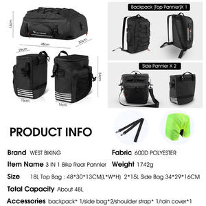 WEST BIKING New 48L Bicycle <strong>Carry</strong> <strong>Bag</strong>+Rain Cover Handlebar Zipped <strong>Bag</strong> Multifunctional Reflective 3 in 1 <strong>Bike</strong> Rear Pannier <strong>Bag</strong> - Product Image 3