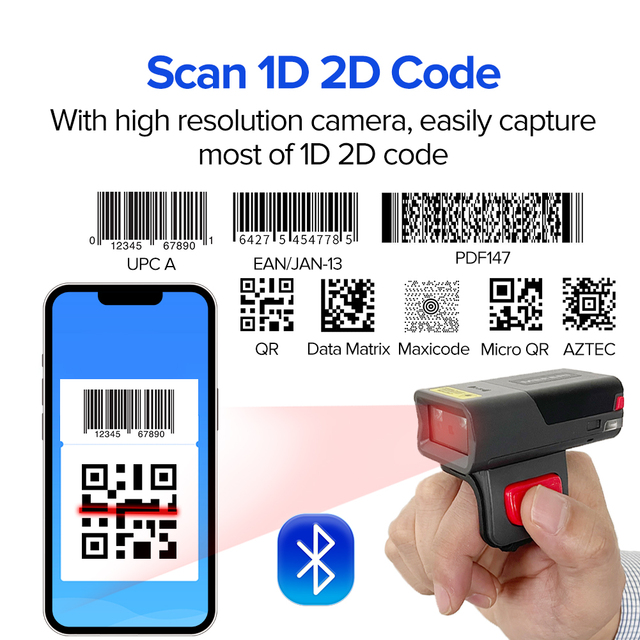 MEFERI MS300R Mini QR Code Reader Finger Ring 2D Barcode Scanner bar Code Scanner Wireless QR Code Scanner with NFC