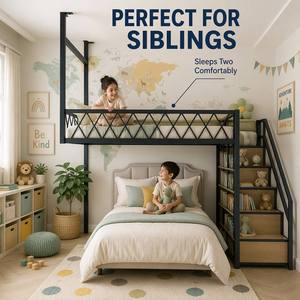 Letto a soppalco per bambini con libreria e scale, struttura in acciaio laminato a freddo, ringhiera a reticolo diamantato, design a due <span class=keywords><strong>letti</strong></span> per la <span class=keywords><strong>cameretta</strong></span> dei bambini - Product Image 2