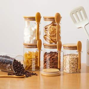 Frascos de Vidrio Herméticos de 10 oz con Tapas de Bambú y Cucharas, Recipientes de Cocina para Café, Azúcar, Granos, Té, Especias, con Soporte de Bambú - Product Image 2