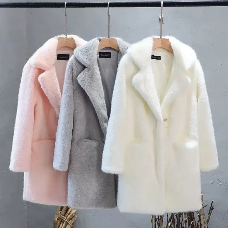 도매 클래식 스웨이드 모피 재킷 여성 고품질 겨울 옷 포켓 숙녀 아웃웨어 긴 소매 인조 모피 밍크 코트