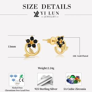 Boucles d'oreilles é<span class=keywords><strong>l</strong></span>égantes en forme de fleur en CZ noir plaqué or Boucles d'oreilles en argent sterling 925 avec motif de feuille Bijoux fins pour femmes - Product Image 5