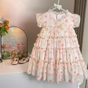 Vestido casual de princesa estampado floral estilo coreano para meninas, roupa infantil de verão para meninas, novo estilo coreano, mais vendido