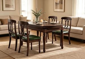 Vintage <b>Extendable</b> Dark <b>Wood</b> <b>Dining</b> <b>Table</b> Set, 6 Seater with Green Leather Chairs - Product Image 2