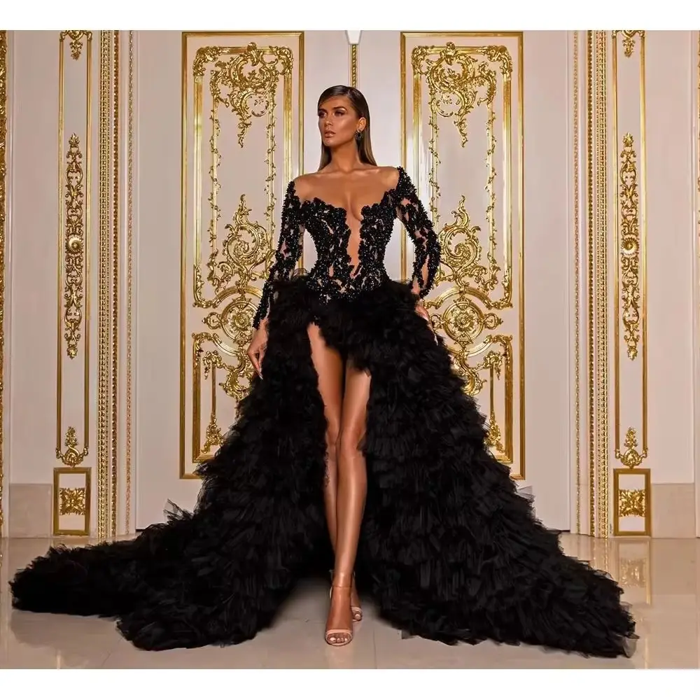 Noir luxe élégant robes de soirée manches longues paillettes Appliques volants Hi-Lo Tulle femmes bal Pageant robes sur mesure