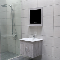 Meuble-lavabo suspendu minimaliste, armoire en PVC gris, lavabo en céramique, miroir LED anti-buée à lumière douce pour la maison, le condo, l'hôtel, les espaces de bureau