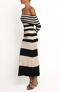 <strong>Black</strong> Beige Stripe Off Shoulder Ribbed Knit Maxi <strong>Dress</strong> Women <strong>Long</strong> <strong>Sleeve</strong> <strong>Bodycon</strong> Sweater <strong>Dress</strong> - Product Image 3