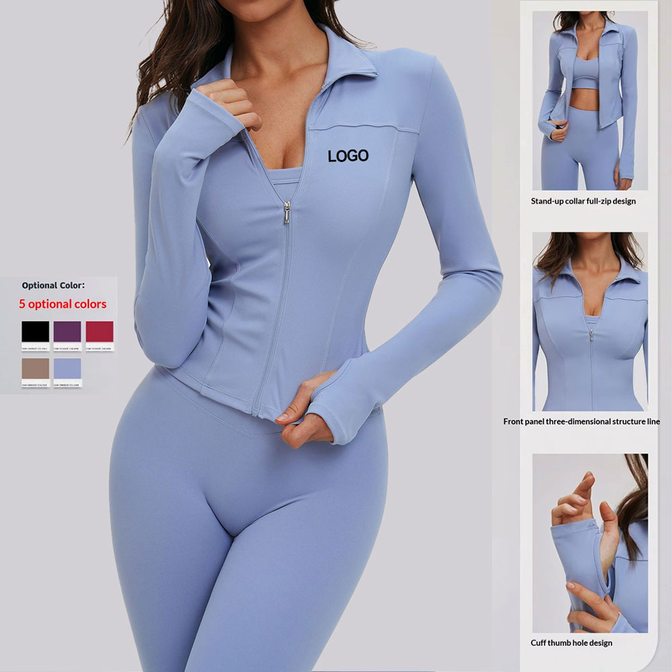 New Turn-down Collar Full-Zip Design Long Sleeve Breathable Yoga Jacket Four-Way Stretch Eco-Friendly Slim Top Outdoor Running