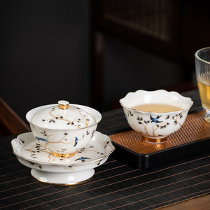 Service à thé complet en porcelaine blanche Yangzhi Jade, <span class=keywords><strong>bol</strong></span> à thé Kung Fu haut de gamme en céramique avec couvercle, modèle Three Talent - Product Image 3