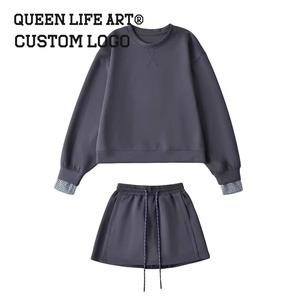 Conjunto de Sudadera con Capucha de Dos Piezas de Gran Tamaño para Mujer, Top Corto, Vestido Corto de Punto de Algodón y Licra, Estampado con Cremallera y Bordado, Y2K, a Medida, 1 Unidad - Product Image 2