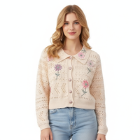 Low Moq Custom Damen Strick pullover Langarm Polo Neck Sweet Ladies Sweater Aushöhlung Stickerei Button Damen Strickjacke