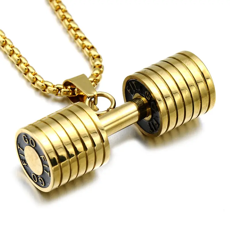 New Design Gold Silver Black Dumbbell Stainless Steel Jewelry Men's Sports Barbell Pendant Necklace