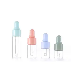 1mL 2ml 3ml 5ml gotero de vidrio transparente muestra botella de aceite esencial con tapa de plástico de colores para cosméticos de suero