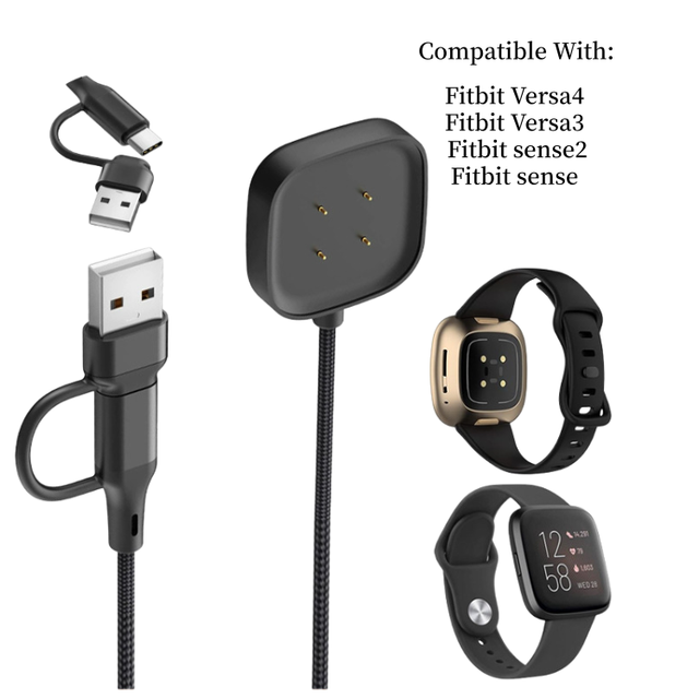 2 in 1 1m 3 Feet Smart Watch Charging Charger Data Sync Cable for Fitbit Versa 3 4 Sense 2 Charging Charger Cord Cable