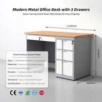 Bureau de travail moderne en métal avec 3 tiroirs, bureau d'ordinateur en acier pour la maison, le bureau, l'école, l'hôpital, avec plateau en bois de hêtre
