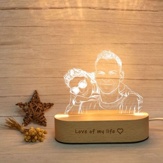 Custom Laser-Engraved Acrylic Night Light Bedside Lamp Beech Wood Base Custom Portrait Festive Memorial Gifts for Couples