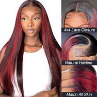 Extensions de cheveux humains vierges bruts vietnamiens, lisses, avec closure en dentelle à cuticules alignées, mèches ombrées 1B/99J rouge bordeaux avec mèches