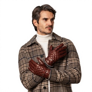 Leather <b>Gloves</b> With Quilted Design And <b>Knit</b> Cuff Thermal Winter Outdoor Use Wrist Length Plain Style - Product Image 5