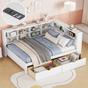 Modern Solid Wood Full Size DayBed with 2 Drawers Storage Shelf USB Charging Ports White - Product Image 1