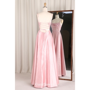 Abito da sera Aline in raso lucido rosa spalline sottili regolabili moderno lungo abito da sposa madre formale con spacco sinistro - Product Image 4