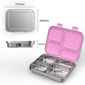 Stainless Steel <b>Lunch</b> <b>Box</b> 257x200x45mm 4 Compartment Pink Lid For Students And Children - Product Image 1