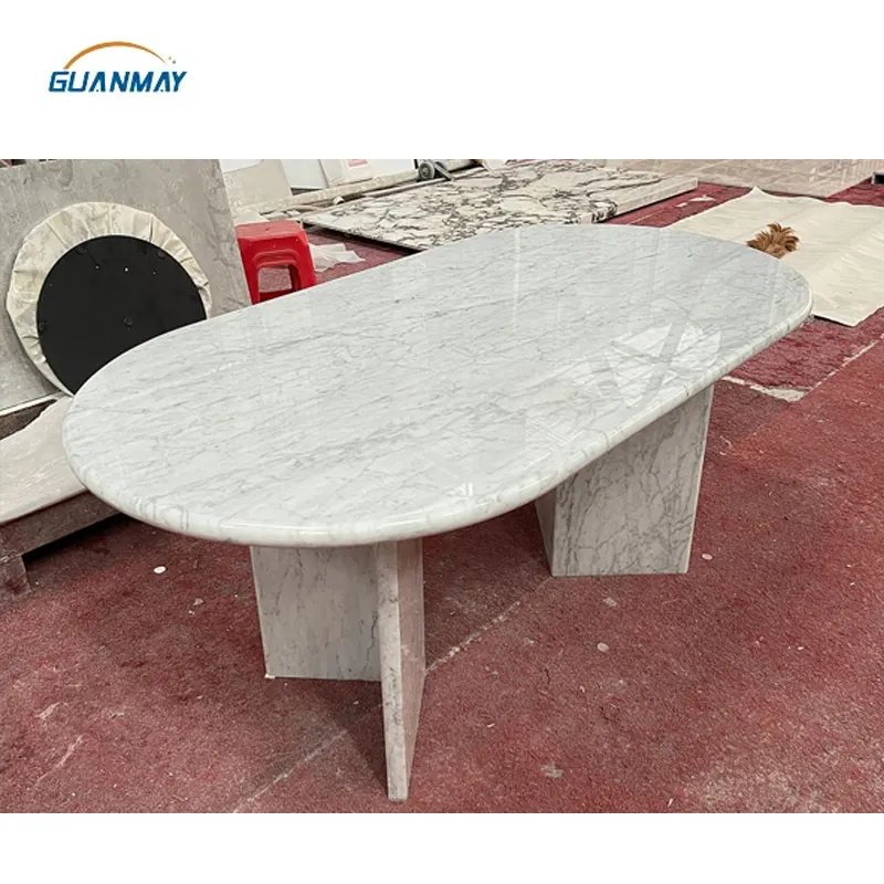 Mebel mewah desain Modern kustom Carrara marmer putih bentuk Oval marmer alami meja makan untuk ruang tamu Hotel