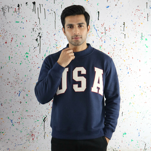 เสื้อสเวตเชิ้ตคอปกสีน้ำเงิน USA ผ้าฝ้าย 100% ปักลายสีขาว คอเสื้อกว้าง ด้ายคุณภาพดี - Product Image 1