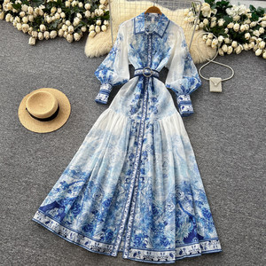 Abito Casual Elegante con Stampa Floreale <span class=keywords><strong>Vintage</strong></span>, Vestito Primaverile da Donna a Maniche Lunghe con Vita Stretta e Linea ad A - Product Image 5